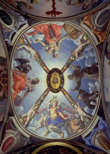 Het plafond van de kapel van Eleonora van Toledo met afbeelding van St. Michael Aartsengel die Satan overwint; St. Johannes de Evangelist; St. Hiëronymus; en St. Franciscus die de stigmata ontvangt, 1555
